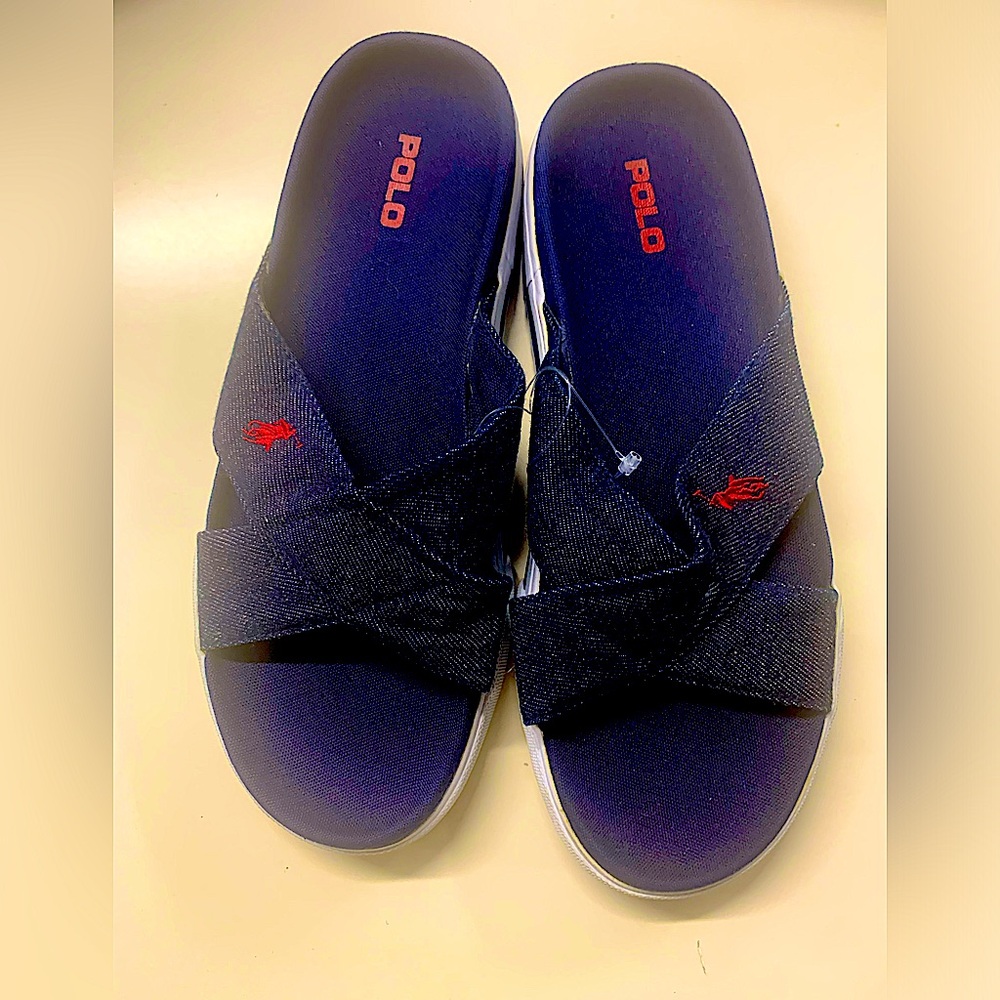 Brand new Ralph Lauren Women’s Denim Slides 8.5